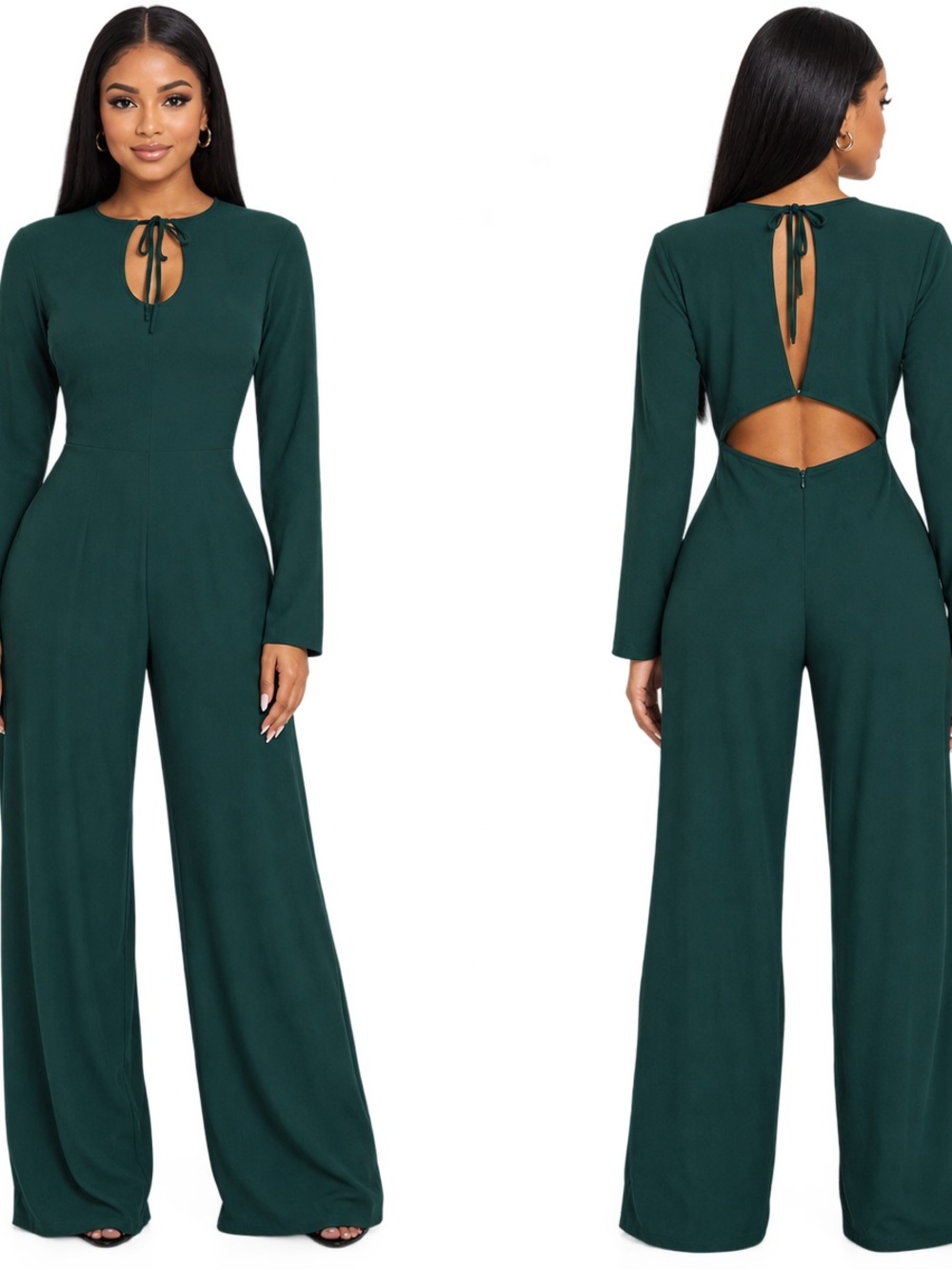 Lulu's Dark Green Long-Sleeve Cutout Wide-Leg Jumpsuit